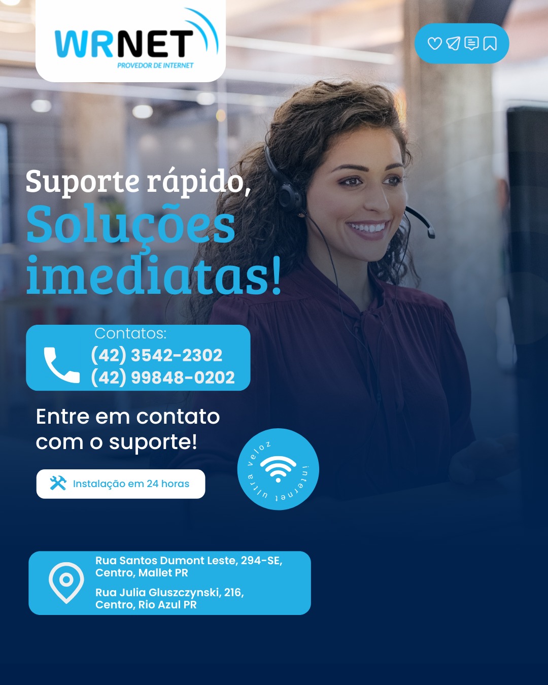 🚀 Suporte rápido, soluções imediatas!

Na Wrnet, você não fica esperando 👨‍💻📞

Nosso time de suporte está sempre pronto para te atender com agilidade, eficiência e atenção, porque a sua conexão não pode parar!

💡 Problemas com a internet?
📲 Entre em contato com o nosso suporte e resolva tudo de forma rápida e descomplicada.

⚡ Internet ultrarrápida
🛠️ Suporte que resolve
🏠 Instalação em até 24 horas

👉 Fale com a Wrnet e sinta a diferença de um atendimento que realmente funciona!

#wrnet #provedordeinternet #suporterápido #atendimentodequalidade
#internetrápida #internetfibra #conexãosemcomplicação #wrnetcuida
#malletpr #rioazulpr
