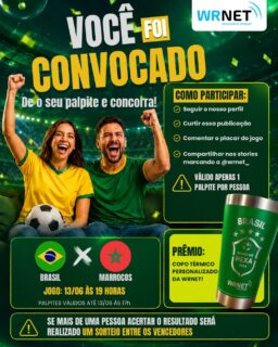 🚨 VOCÊ FOI CONVOCADO! 🚨

Participe do Bolão Wrnet e dê o seu palpite para o jogo entre Brasil x Marrocos. Quem acertar o resultado concorre a um incrível copo térmico personalizado da Wrnet! 🏆

COMO PARTICIPAR:
✅ Seguir nosso perfil
✅ Curtir esta publicação
✅ Comentar o placar do jogo
✅ Compartilhar nos stories marcando @wrnet_

📅 Jogo: 13/06 às 19h
⏰ Palpites válidos até 13/06 às 17h

⚠️ Válido apenas 1 palpite por pessoa.
⚠️ Caso mais de uma pessoa acerte o resultado, será realizado um sorteio entre os vencedores.

🎉 O resultado será divulgado no dia 15 de junho!

Boa sorte a todos! 🍀

#wrnet #bolãowrnet #vocêfoiconvocado #brasil #marrocos #futebol #seleçãobrasileira #promoção #mallet #Internetwrnet