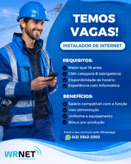 🚀 A WRNET está com vagas abertas!

Vaga: Instalador de Internet

✅ Requisitos:
• Maior de 18 anos
• CNH categoria B (obrigatória)
• Disponibilidade de horário
• Conhecimento em informática

🎁 Benefícios:
✔ Salário compatível com a função
✔ Vale-alimentação
✔ Uniforme e equipamentos fornecidos
✔ Bônus por produção

📲 Envie seu currículo pelo WhatsApp: (42) 3542-2302 e faça parte da equipe WRNET!

#WRNET #Vagas #OportunidadeDeEmprego #EstamosContratando #InstaladorDeInternet #Emprego #Mallet  #FaçaParteDaNossaEquipe