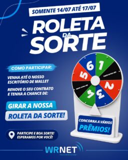 🎉 A sorte pode estar esperando por você! 🍀

De 14/07 a 17/07, venha até o escritório da WRNET Mallet, renove o seu contrato e aproveite uma oportunidade imperdível!

🎡 Gire a nossa Roleta da Sorte e concorra a diversos brindes ou garanta um copo térmico personalizado.

E não para por aí! Ao renovar o seu contrato, você também estará concorrendo aos grandes prêmios da campanha:
📺 1 Smart TV
🎮 1 PlayStation 5
📱 2 Celulares

📍 Passe em nosso escritório, renove seu contrato e participe!
⏳ A promoção é por tempo limitado. Não deixe para a última hora!

#wrnet #renoveeganhe #roletadasorte #internetwrnet #promoção #mallet #clientewrnet #prêmios #playstation5 #smarttv #copotérmico