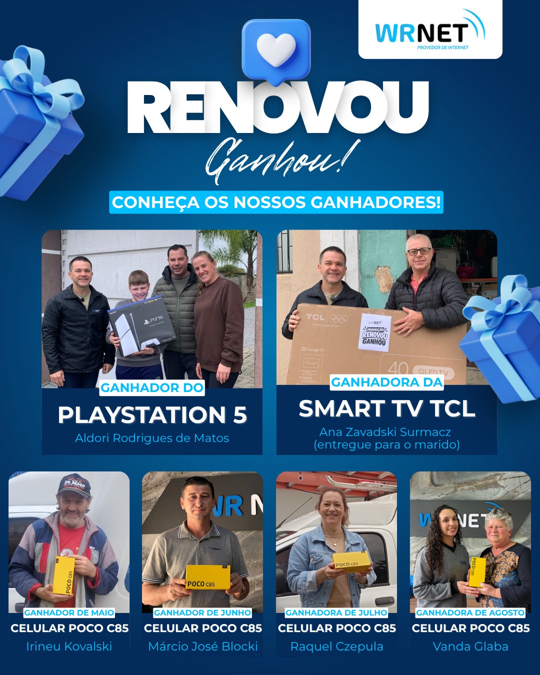 🎉 RENOVOU, GANHOU! E TEM GANHADORES NA ÁREA!💙

Chegou a hora de conhecer os clientes que foram contemplados na nossa promoção Renovou, Ganhou! 🥳

Foram meses de promoção, muitos clientes participando e prêmios especiais para celebrar quem escolheu continuar com a Wrnet!

🏆 Confira os ganhadores:?

🎮 PlayStation 5: Aldori Rodrigues de Matos
📺 Smart TV TCL: Ana Zavadaski Surmacz
📱 Celulares POCO C85:
• Maio: Irineu Kovalski
• Junho: Márcio José Blocki
• Julho: Raquel Aparecida Ferreira Czepula
• Agosto: Vanda Shuersovski Glaba

A cada cliente que renovou, participou e confiou no nosso trabalho, o nosso muito obrigado! 💙 Vocês fazem parte dessa história e tornam cada conquista ainda mais especial.

👏 Parabéns aos ganhadores! Que aproveitem muito seus prêmios!

E você, cliente Wrnet, continue acompanhando nossas novidades. Quem sabe o próximo premiado não é você? 👀💙