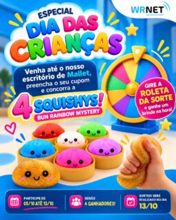 🎉🧸 DIA DAS CRIANÇAS NA WRNET! 🧸🎉

A diversão já começou! 💙💙

De 05/10 a 13/10, toda criança que vier até o nosso escritório de Mallet poderá preencher o cupom e concorrer a 1 Squishy Bun Rainbow Mystery! 🌈✨

🎁 Serão 4 crianças sorteadas e cada ganhador levará 1 Squishy!

E tem mais! 😍
🎡 Além de participar do sorteio, cada criança também terá a chance de girar a Roleta da Sorte e ganhar um brinde na hora!

📅 Sorteio: 13/10

Então já sabe: traga a criançada para participar! 💙

📍 Venha até o escritório Wrnet de Mallet e participe!

#WRNET #DiaDasCrianças #Mallet #Squishy #PromoçãoWRNET #DiversãoNaWRNET